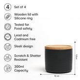 Anko 300ml Stoneware Ceramic Jars for Kitchen Storage | Airtight Container Set for Kitchen with Rubberwood Lid & Silicone Ring | Kitchen Container for Snacks, Tea, Sugar | Black | Set of 4